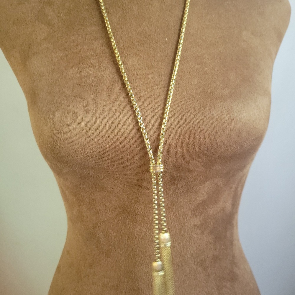 J. Crew Gold Tone Faux Slide Tassel Lariat Box Chain Necklace 34 Inch Size OSFM